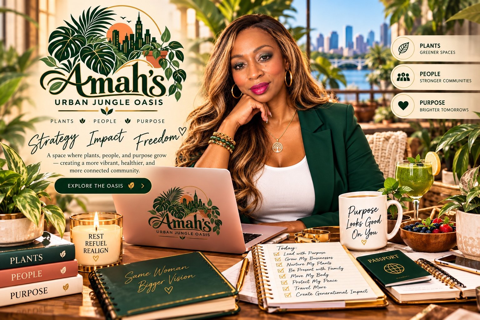 Dr. Shaneen D. Moore in a botanical setting with Amah’s Urban Jungle Oasis branding
