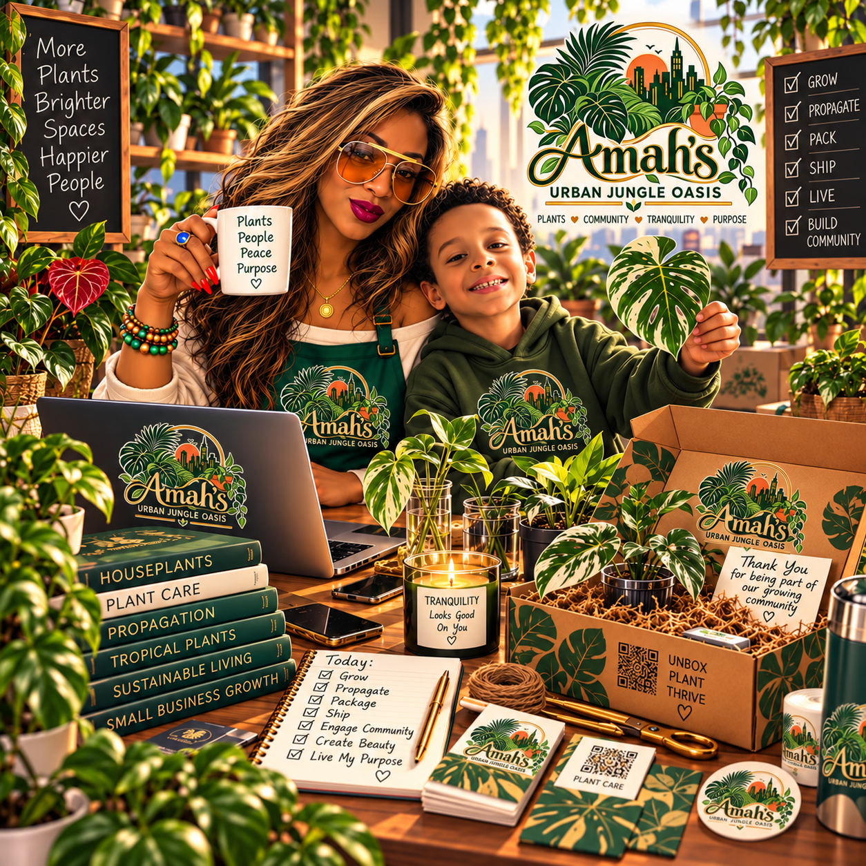 A woman and child surrounded by lush plants and Amah’s Urban Jungle Oasis branding
