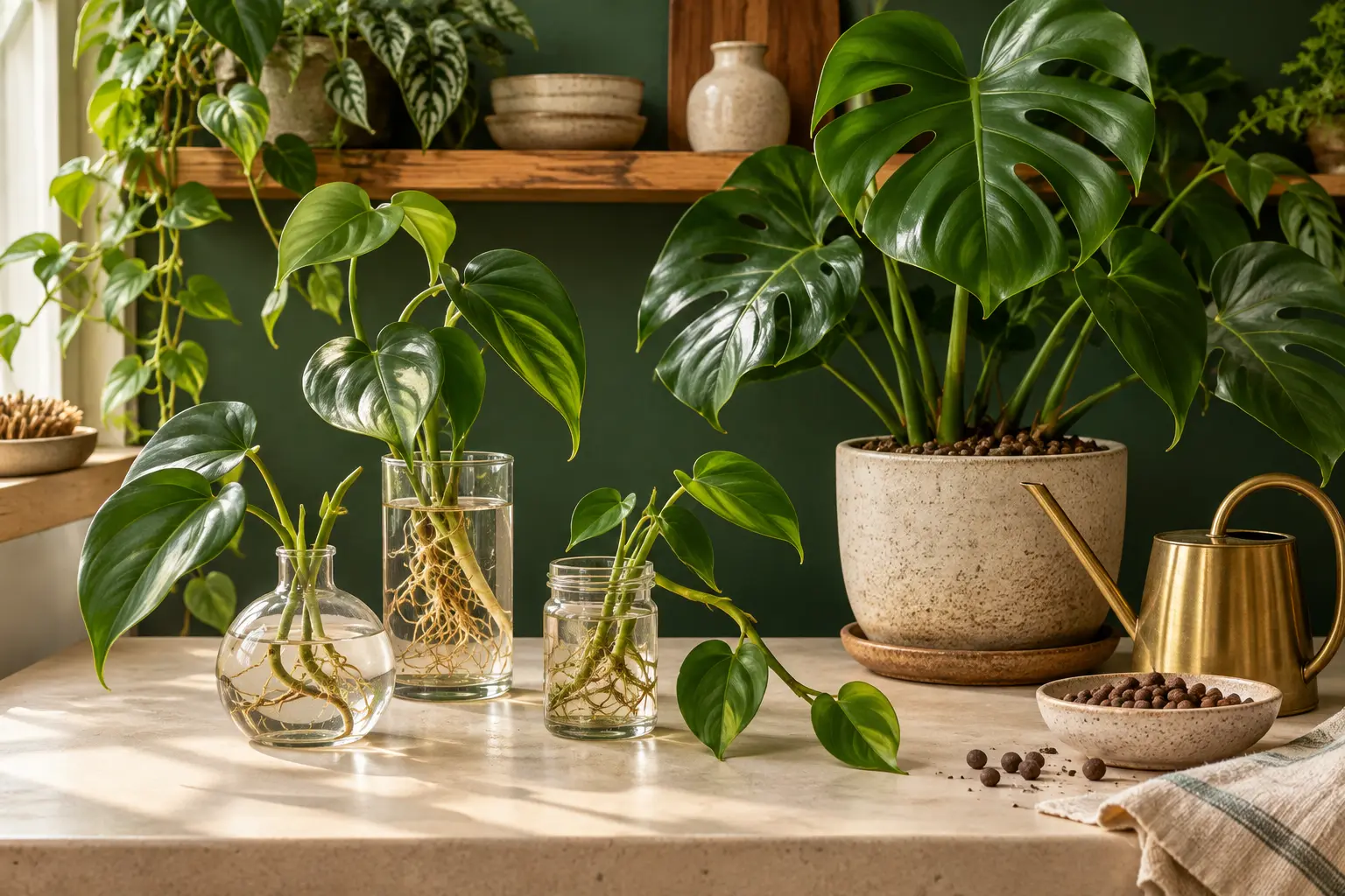 Philodendron cuttings growing roots in clear glass vessels beside a healthy potted monstera